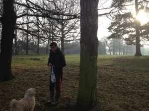 some dog walking on a very cold, English winter morning