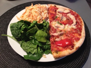 todays lunch...half a 'pizza express pollo pesto' pizza with spinach and homemade coleslaw...